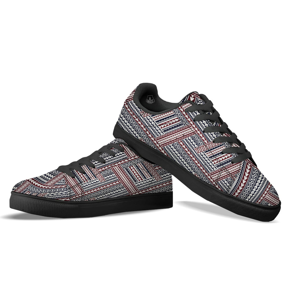 Tribal Maori Print Black Low Top Sneakers-grizzshop