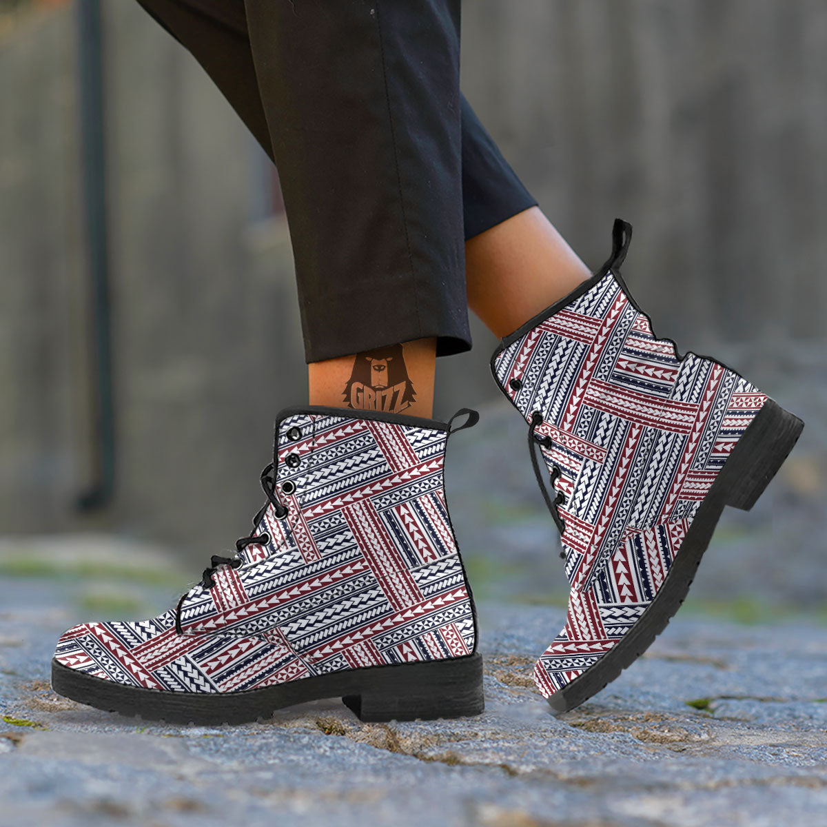 Tribal Maori Print Leather Boots-grizzshop