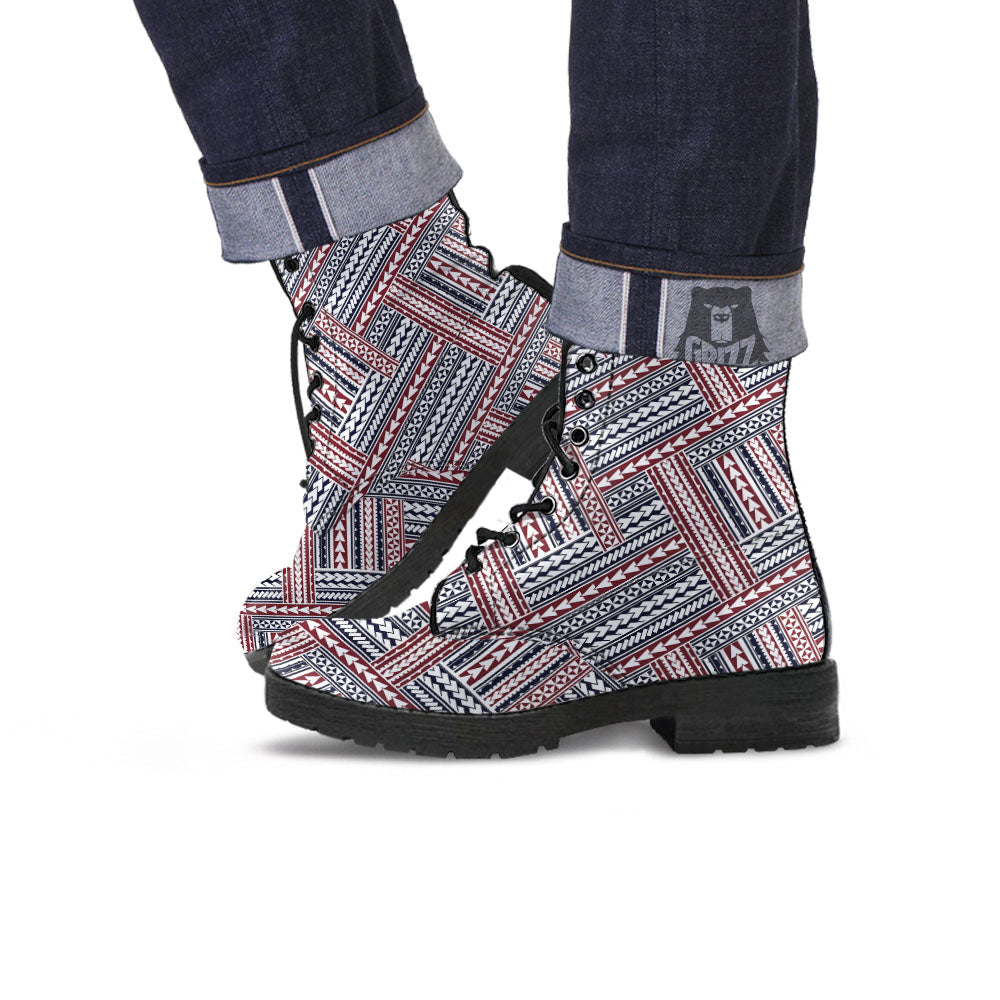 Tribal Maori Print Leather Boots-grizzshop