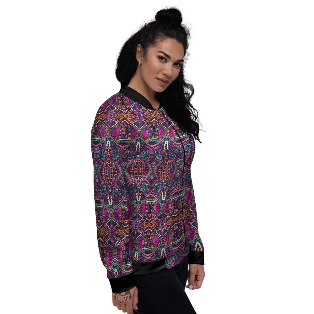 Tribal Native Purple Print Pattern Women's Bomber Jacket-grizzshop