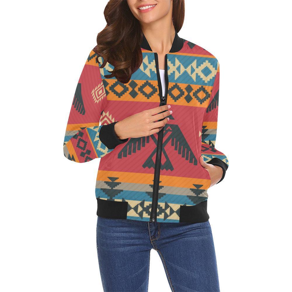 Tribal Navajo Native Indians American Aztec Print Women Casual Bomber Jacket-grizzshop