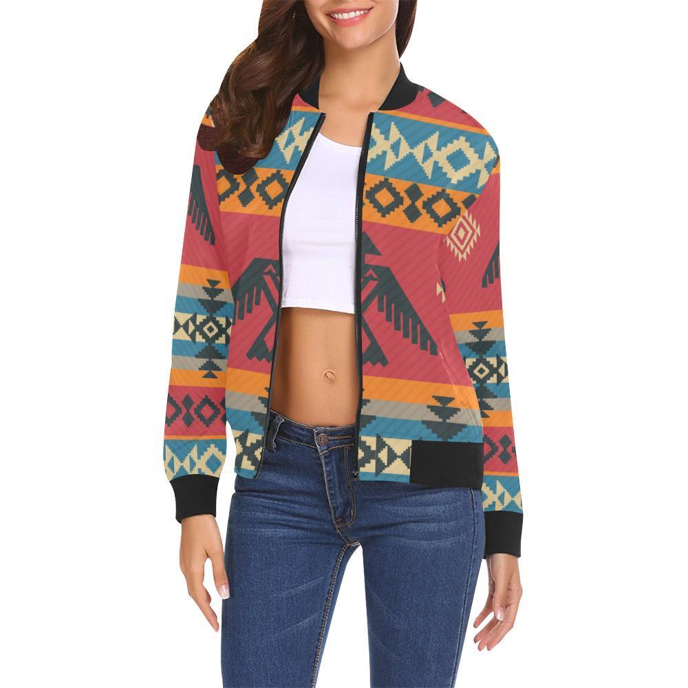 Tribal Navajo Native Indians American Aztec Print Women Casual Bomber Jacket-grizzshop