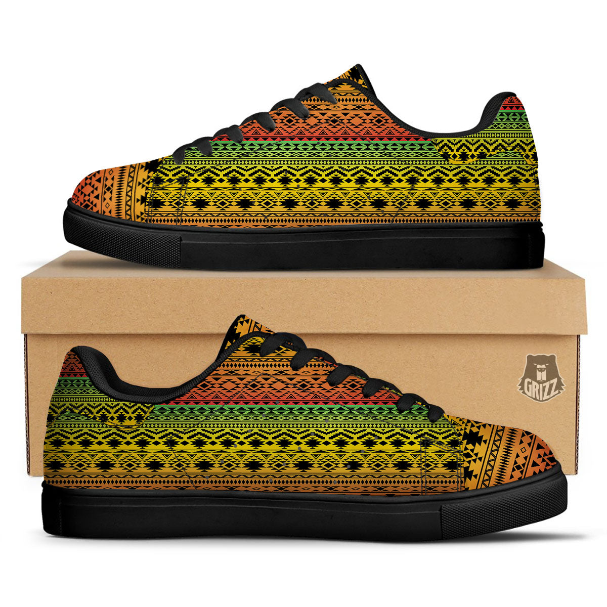 Tribal Rasta Print Pattern Black Low Top Sneakers-grizzshop