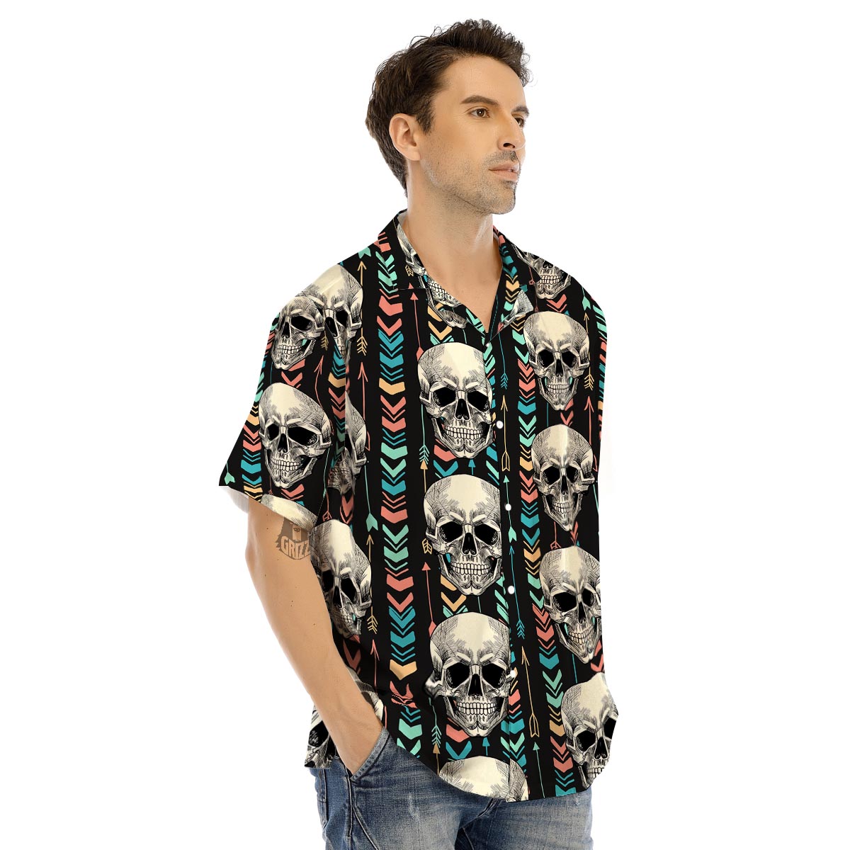 Tribal Skull Men’s Hawaiian Shirt-grizzshop