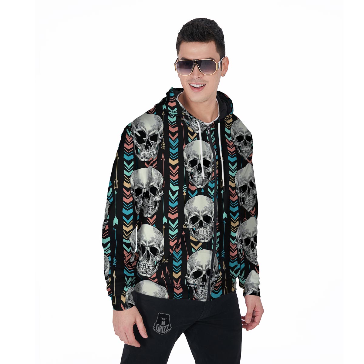 Tribal Skull Men's Zip Up Hoodie-grizzshop
