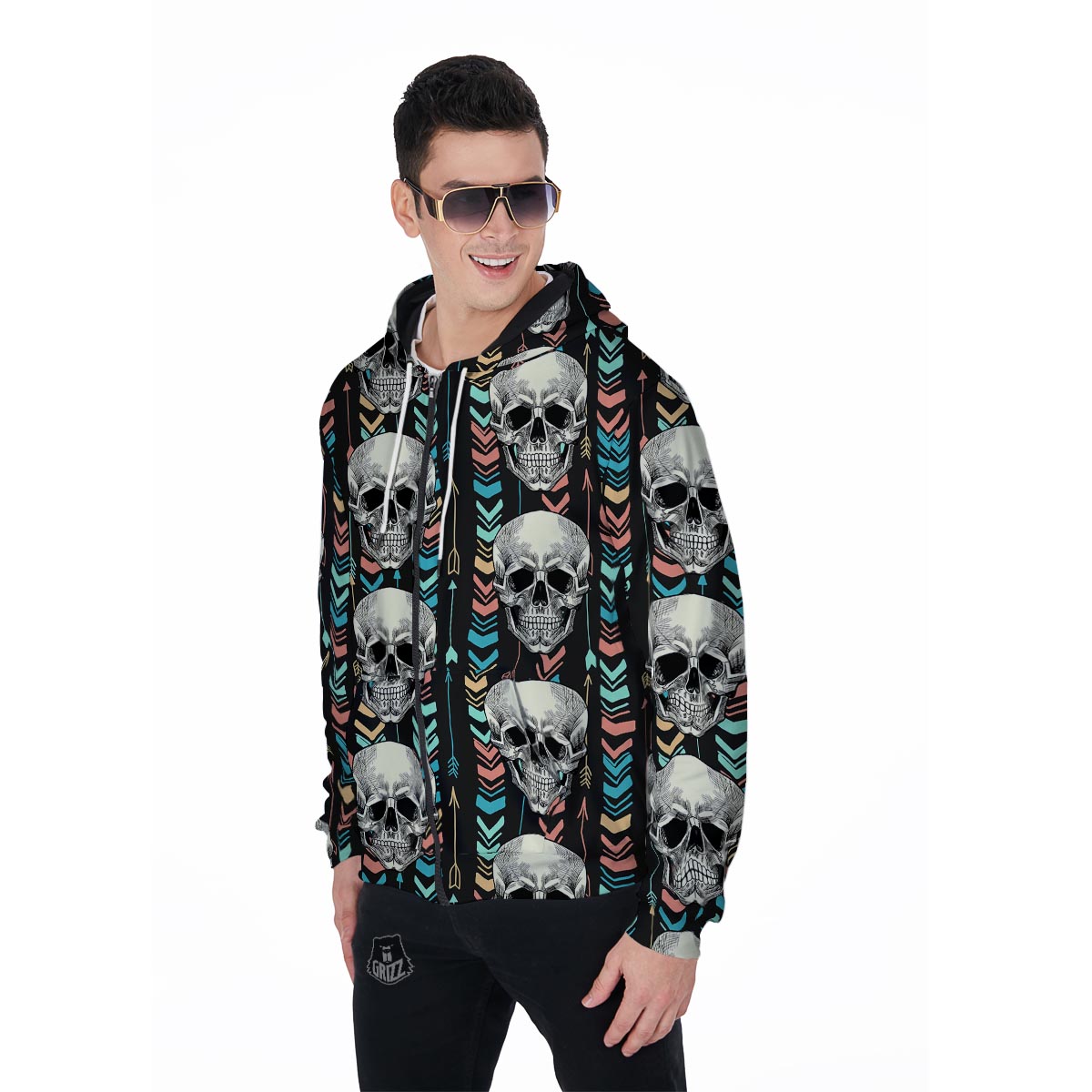 Tribal Skull Men's Zip Up Hoodie-grizzshop