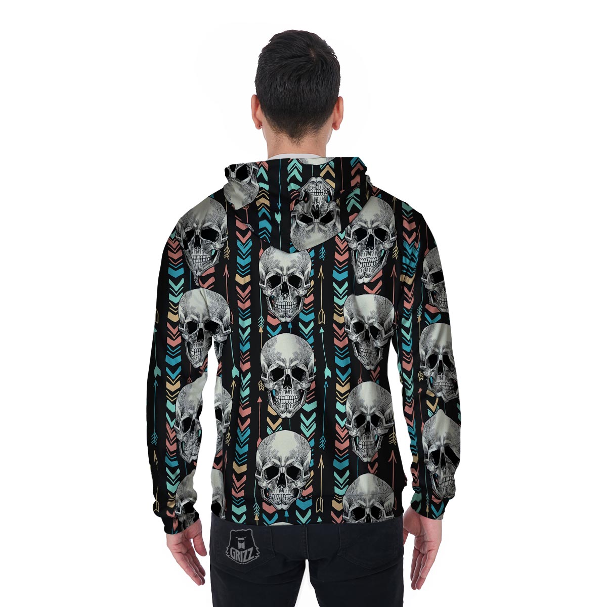 Tribal Skull Men's Zip Up Hoodie-grizzshop