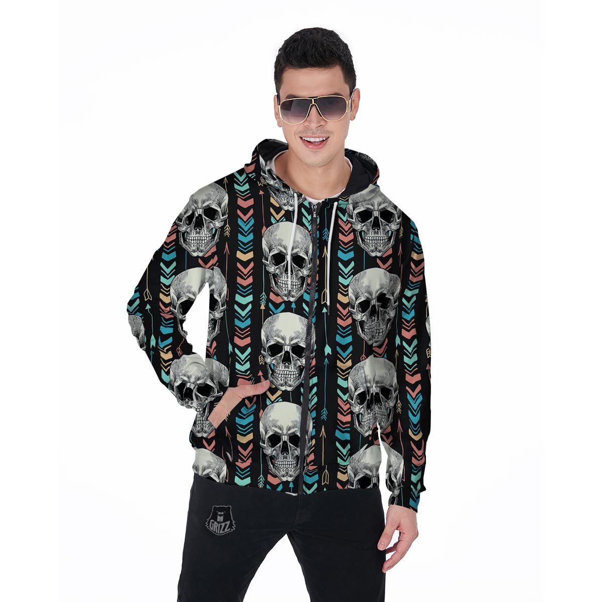 Tribal Skull Men's Zip Up Hoodie-grizzshop