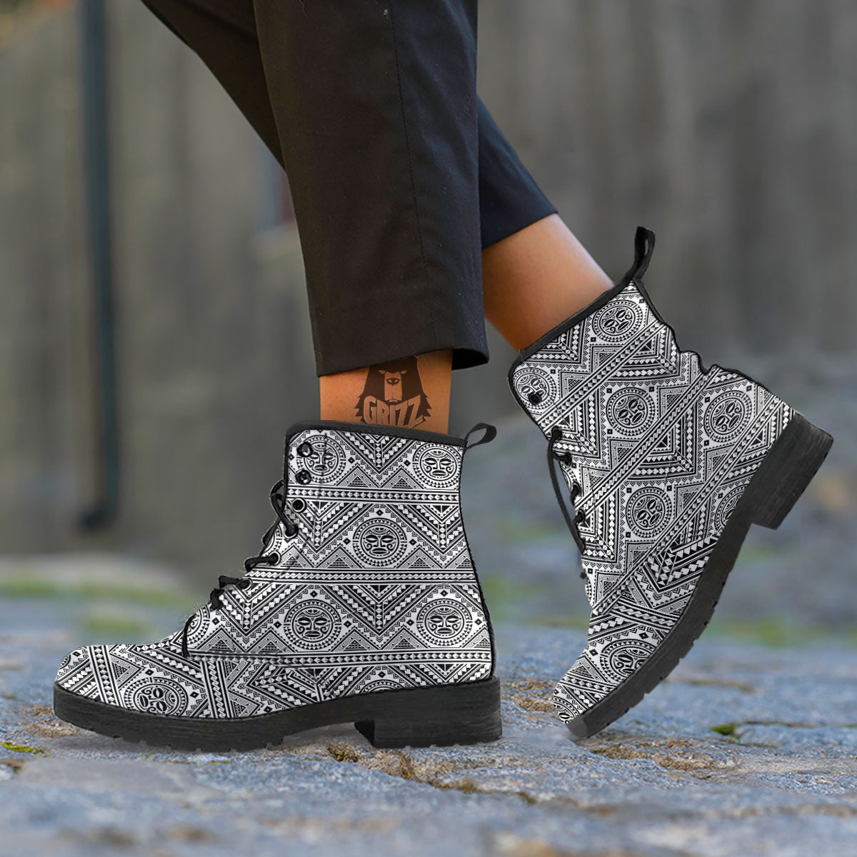 Tribal Tattoo Maori Polynesian Print Leather Boots-grizzshop