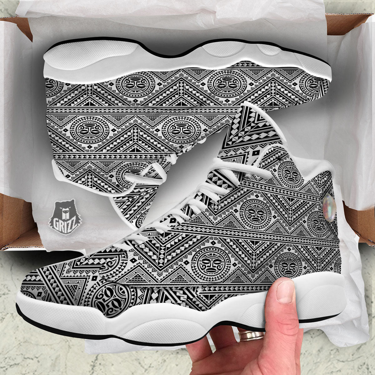 Tribal Tattoo Maori Polynesian Print White Basketball Shoes-grizzshop