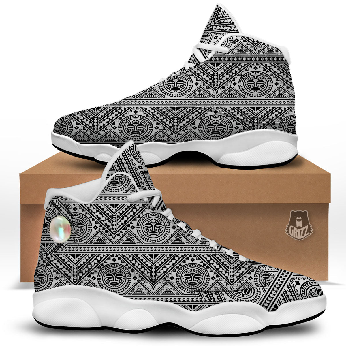 Tribal Tattoo Maori Polynesian Print White Basketball Shoes-grizzshop