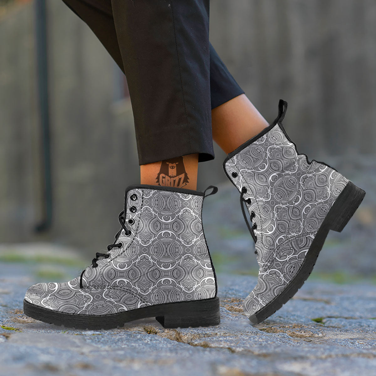 Tribal Tattoo Maori Print Pattern Leather Boots-grizzshop