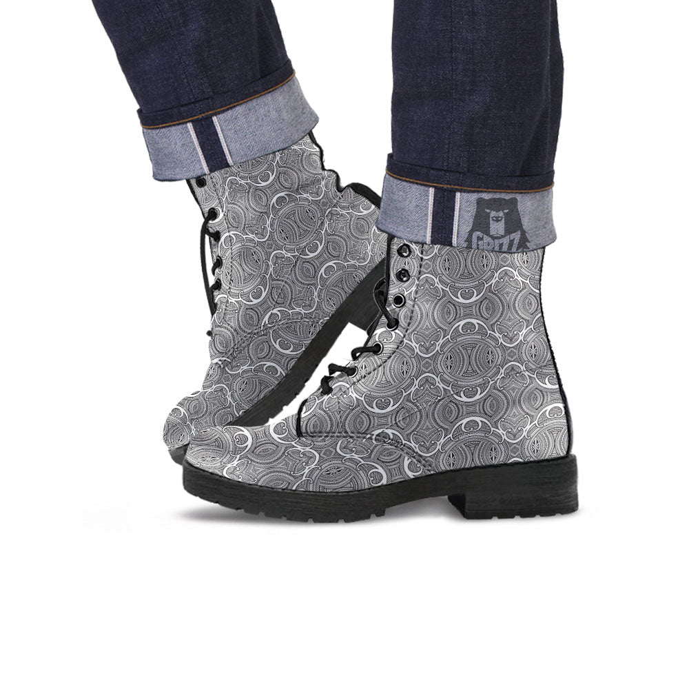 Tribal Tattoo Maori Print Pattern Leather Boots-grizzshop