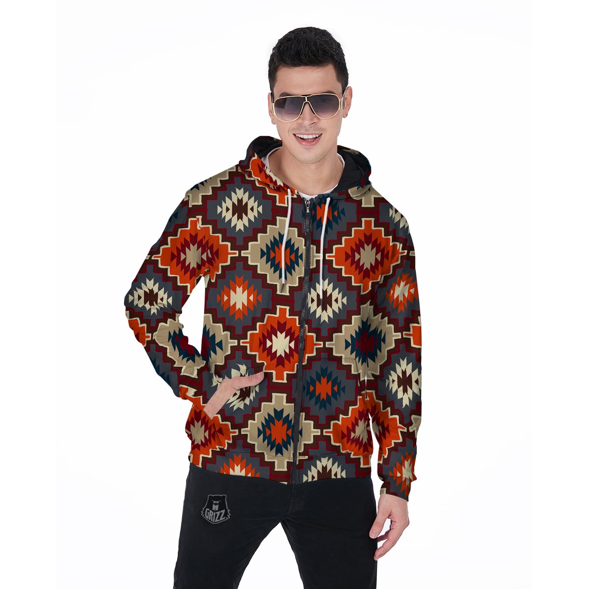 Tribal Indians Native American Aztec Navajo Print Men Zip Up Hoodie-grizzshop