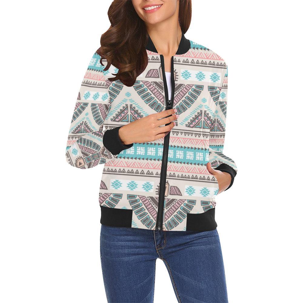 Tribal Native Indians American Aztec Navajo Print Women Casual Bomber Jacket-grizzshop