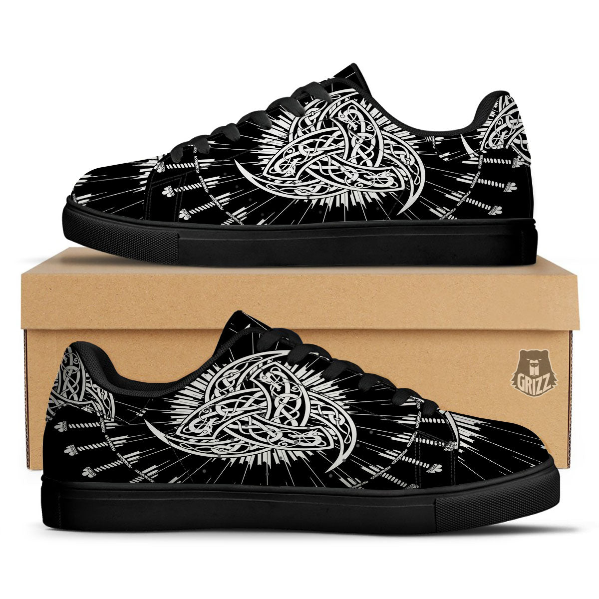 Triple Horn Of Odin Viking Print Black Low Top Sneakers-grizzshop