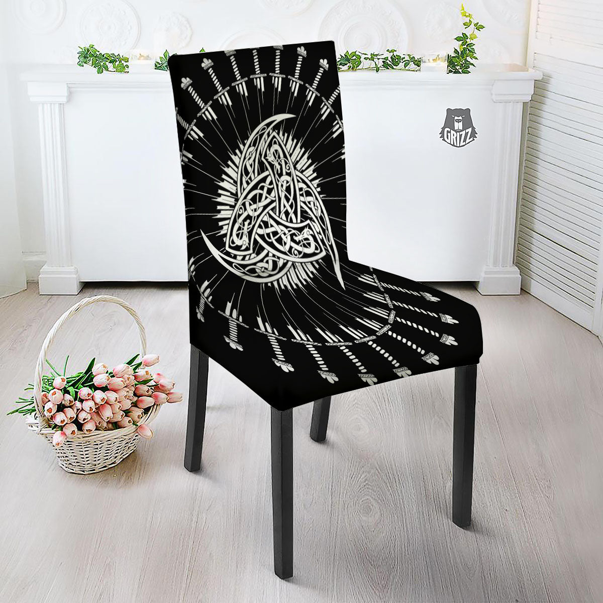 Triple Horn Of Odin Viking Print Dining Chair Slipcover-grizzshop