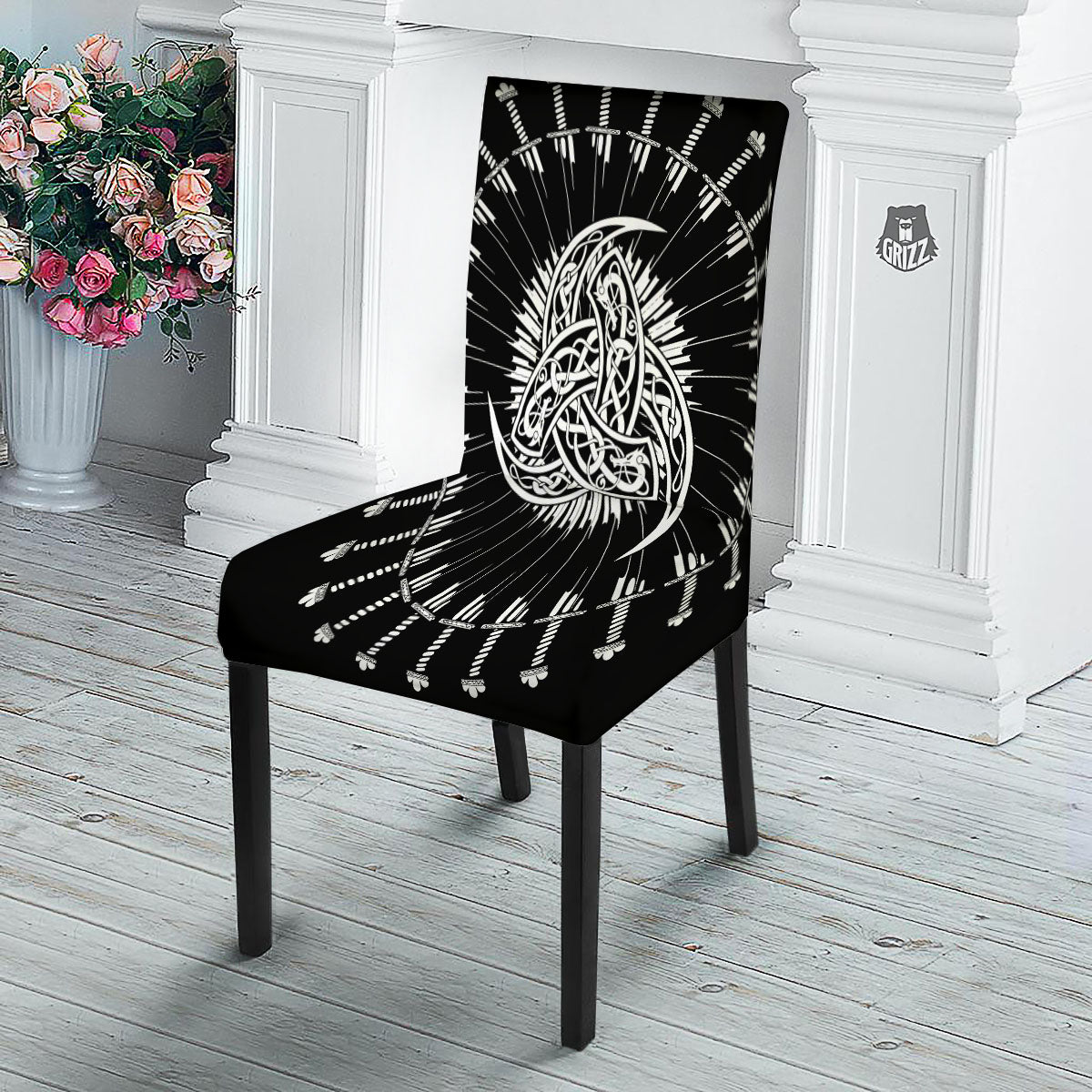 Triple Horn Of Odin Viking Print Dining Chair Slipcover-grizzshop