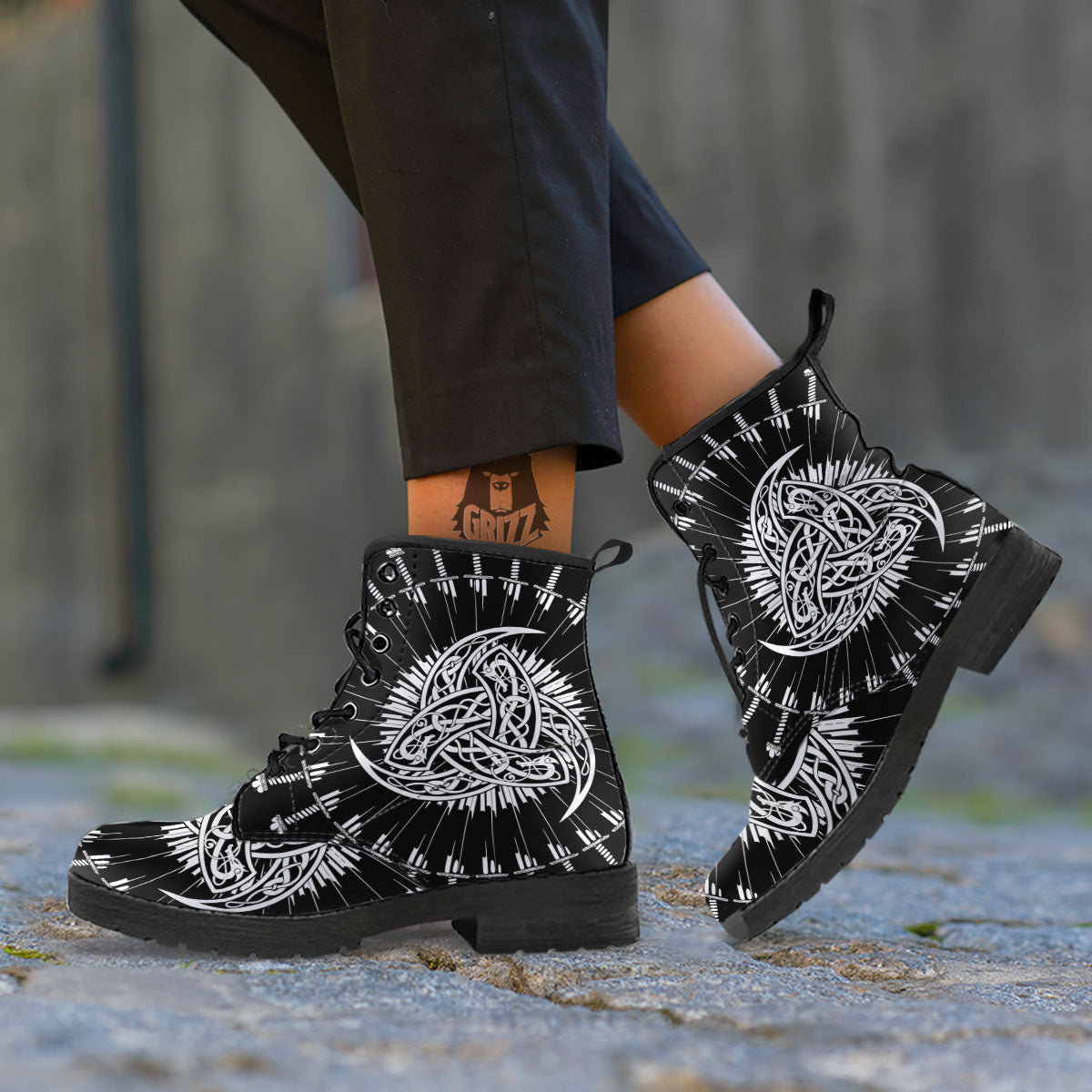 Triple Horn Of Odin Viking Print Leather Boots-grizzshop