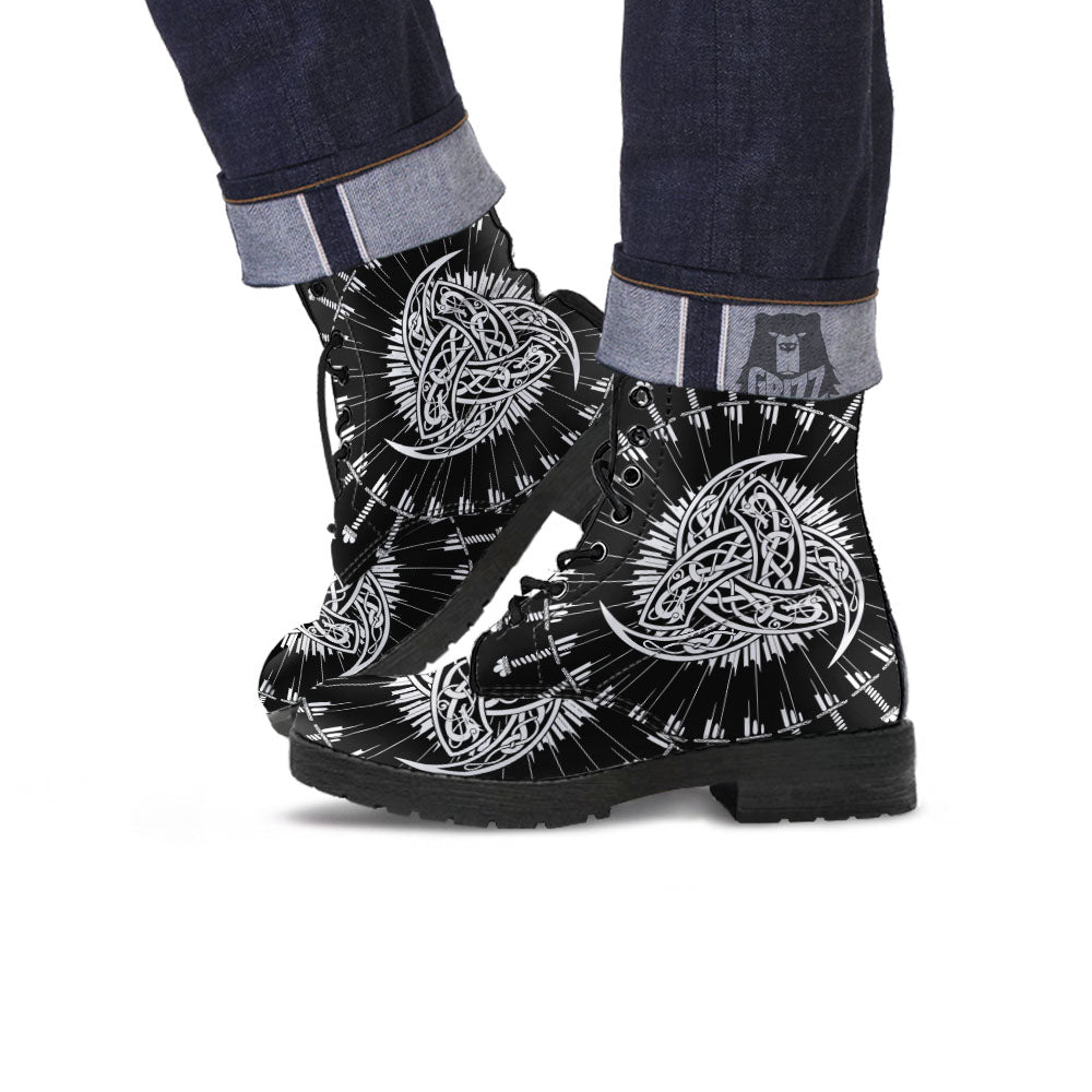 Triple Horn Of Odin Viking Print Leather Boots-grizzshop
