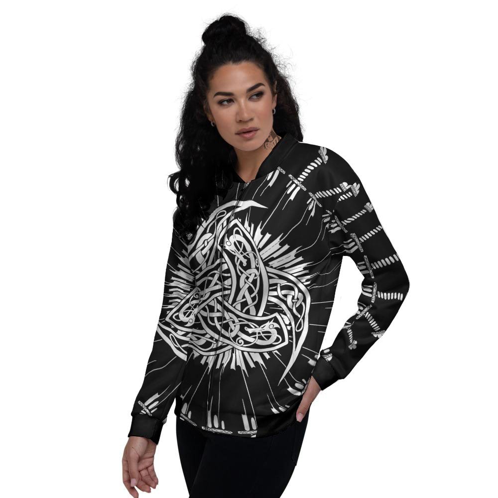 Triple Horn Of Odin Viking Print Women's Bomber Jacket-grizzshop