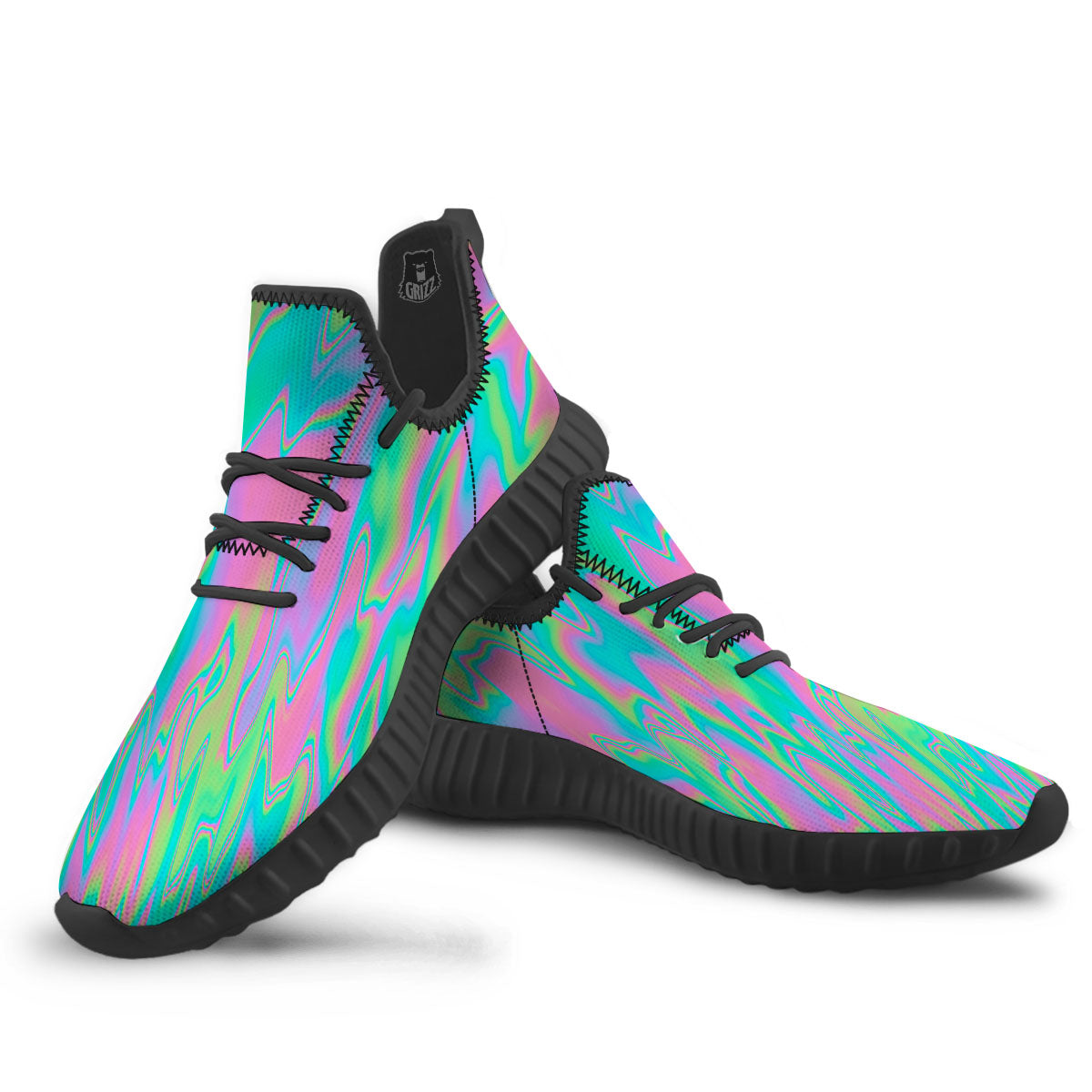 Trippy Abstract Holographic Print Black Walking Shoes-grizzshop