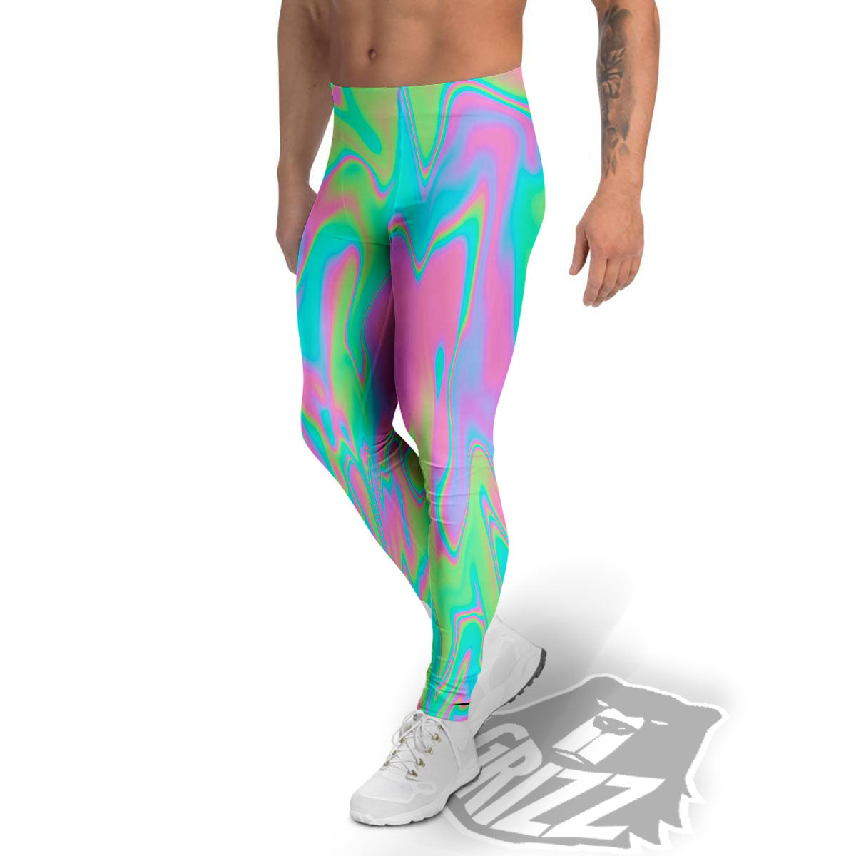 Trippy Abstract Holographic Print Men's Leggings-grizzshop