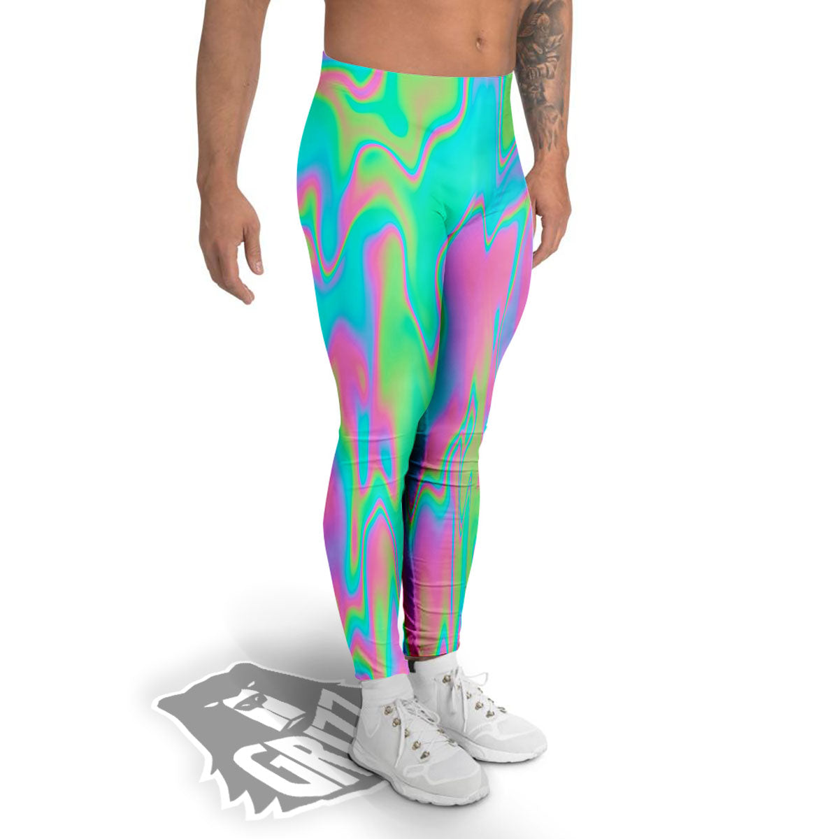 Trippy Abstract Holographic Print Men's Leggings-grizzshop