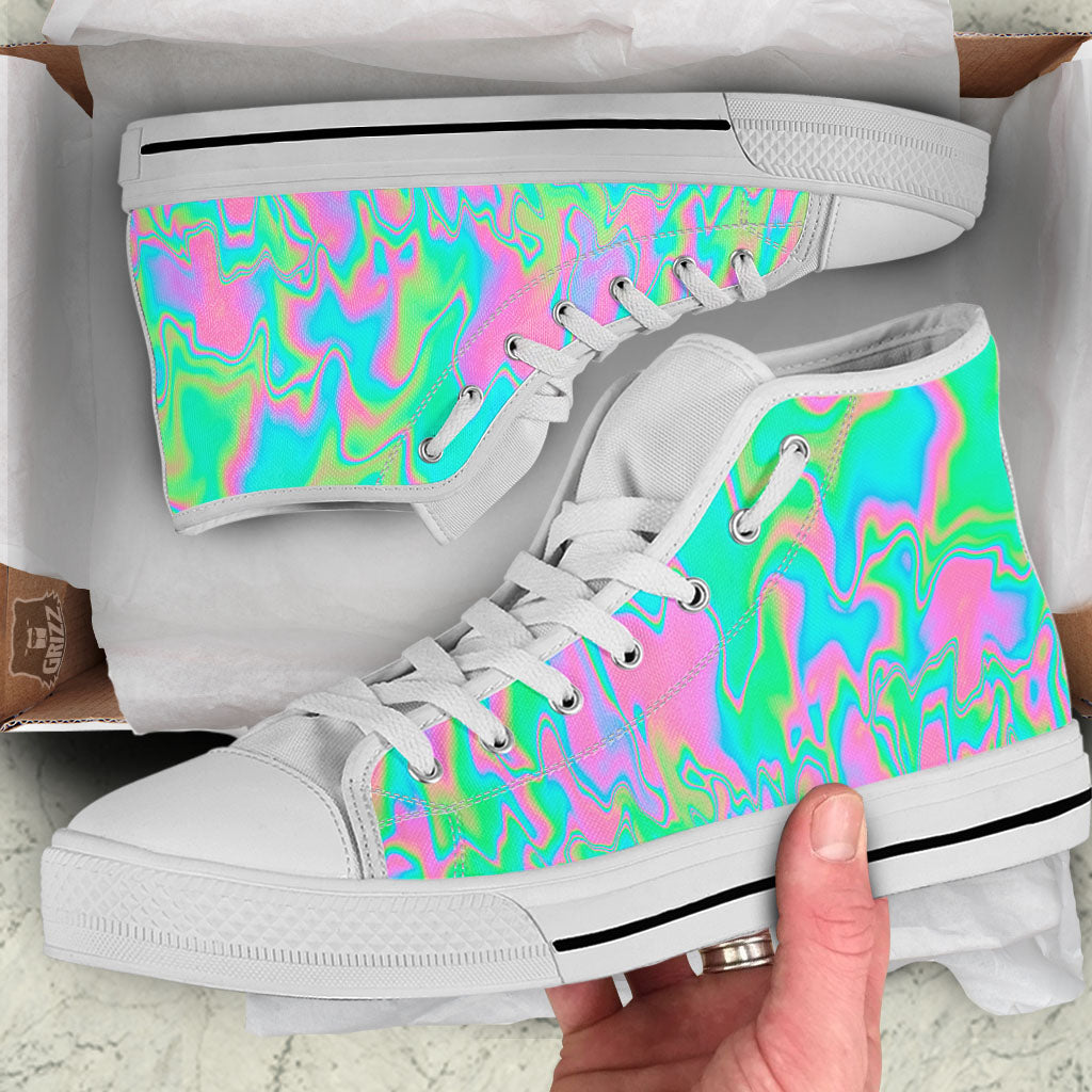 Trippy Abstract Holographic Print White High Top Shoes-grizzshop