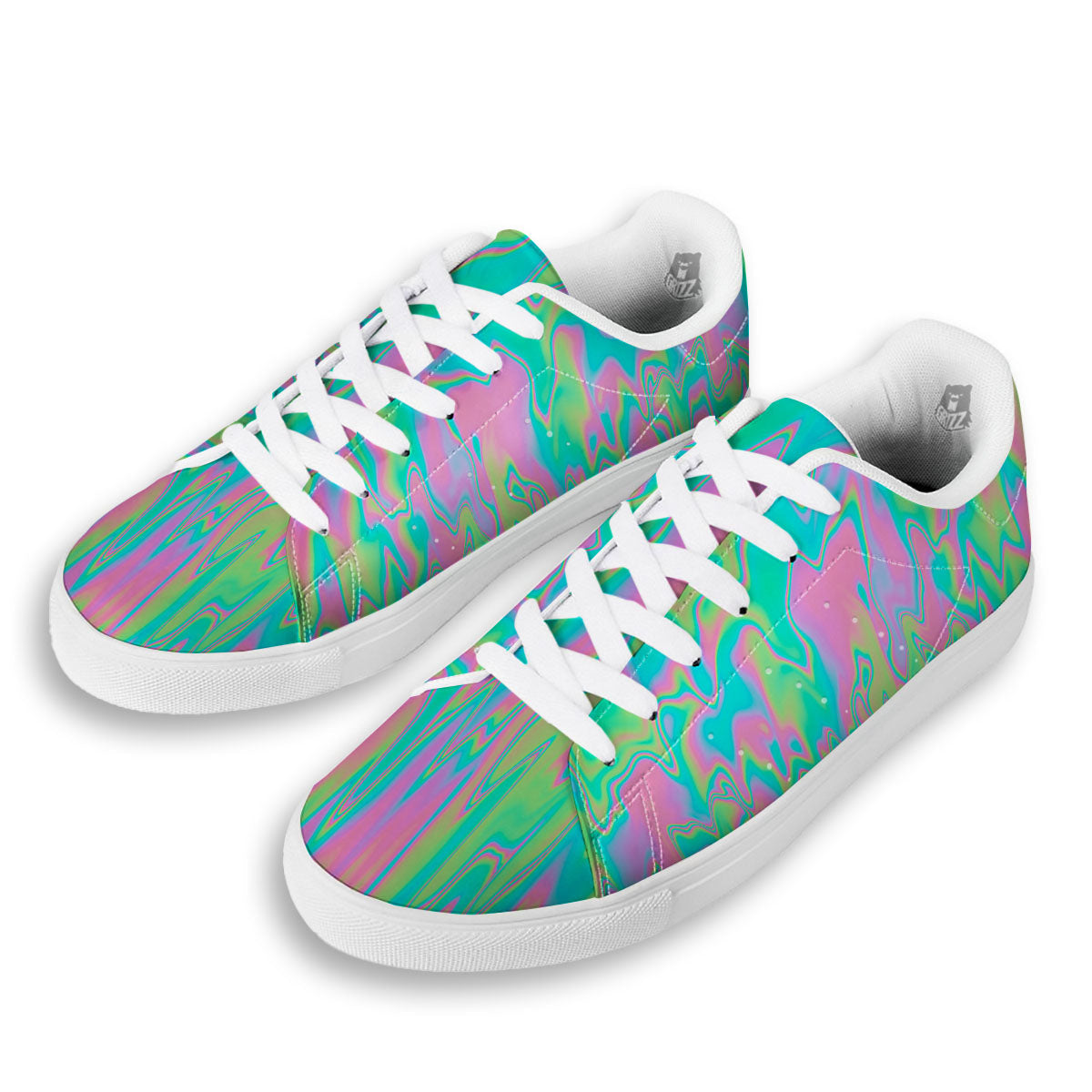Trippy Abstract Holographic Print White Low Top Sneakers-grizzshop