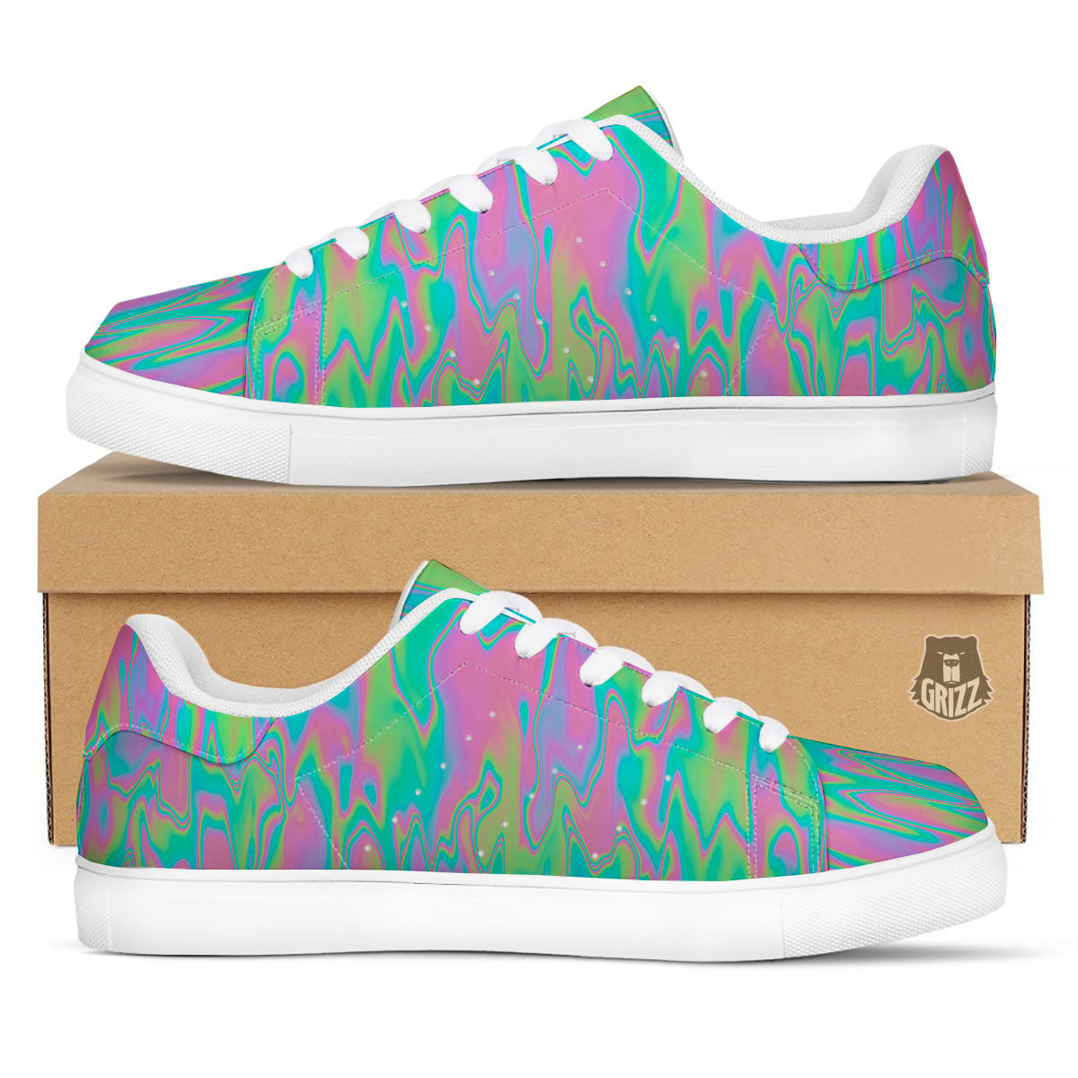 Trippy Abstract Holographic Print White Low Top Sneakers-grizzshop