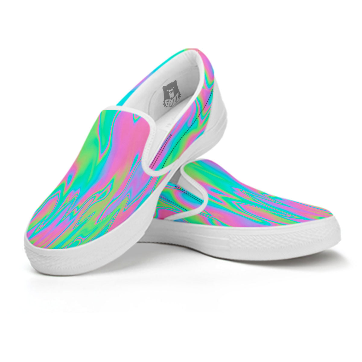 Trippy Abstract Holographic Print White Slip On Shoes-grizzshop