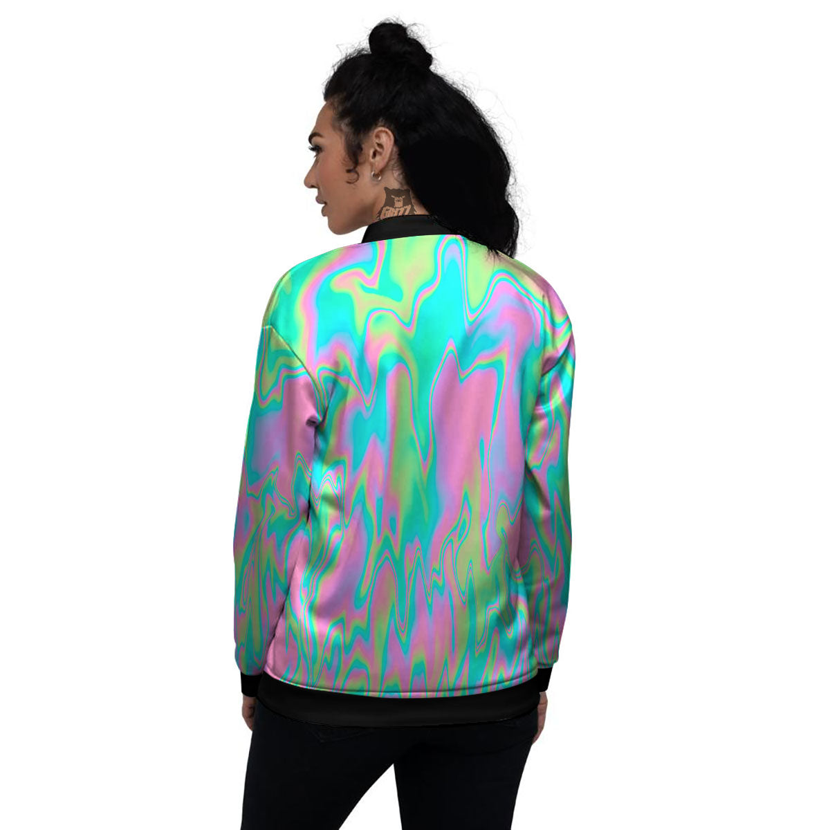 Trippy Abstract Holographic Print Women's Bomber Jacket-grizzshop