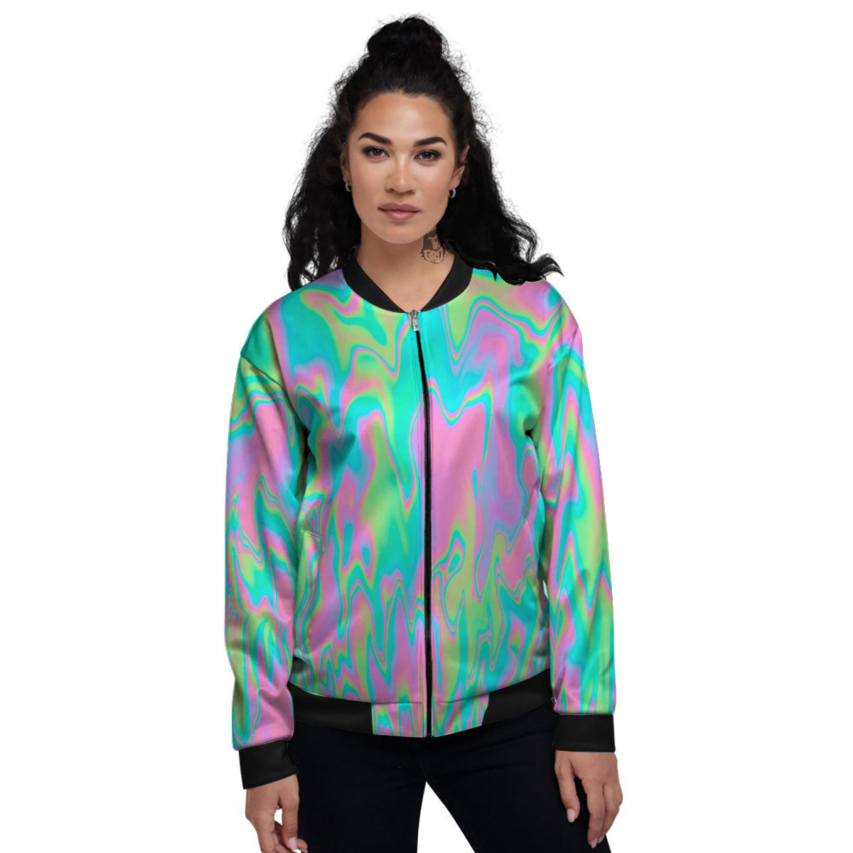 Trippy Abstract Holographic Print Women's Bomber Jacket-grizzshop