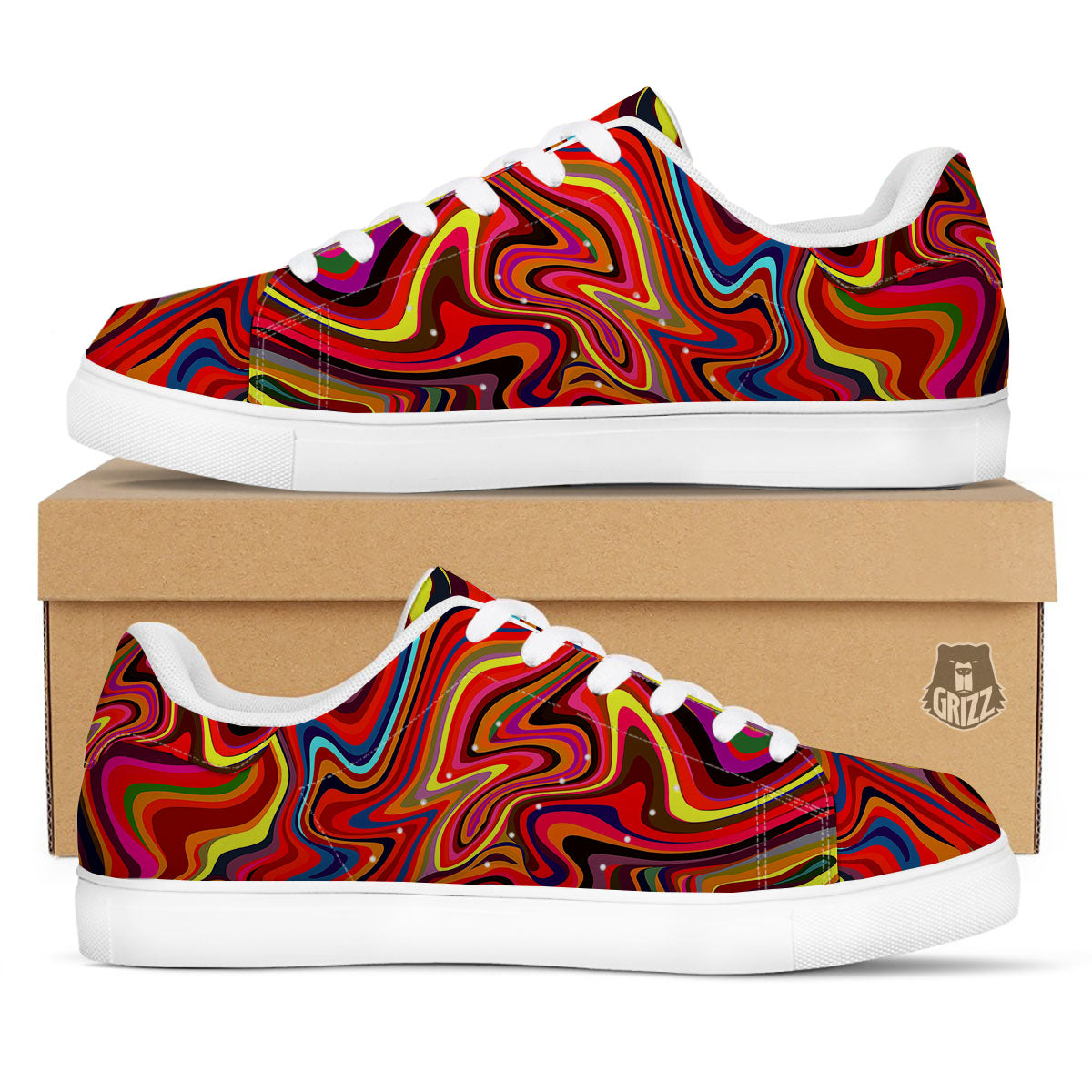 Trippy Abstract Liquid Print White Low Top Sneakers-grizzshop
