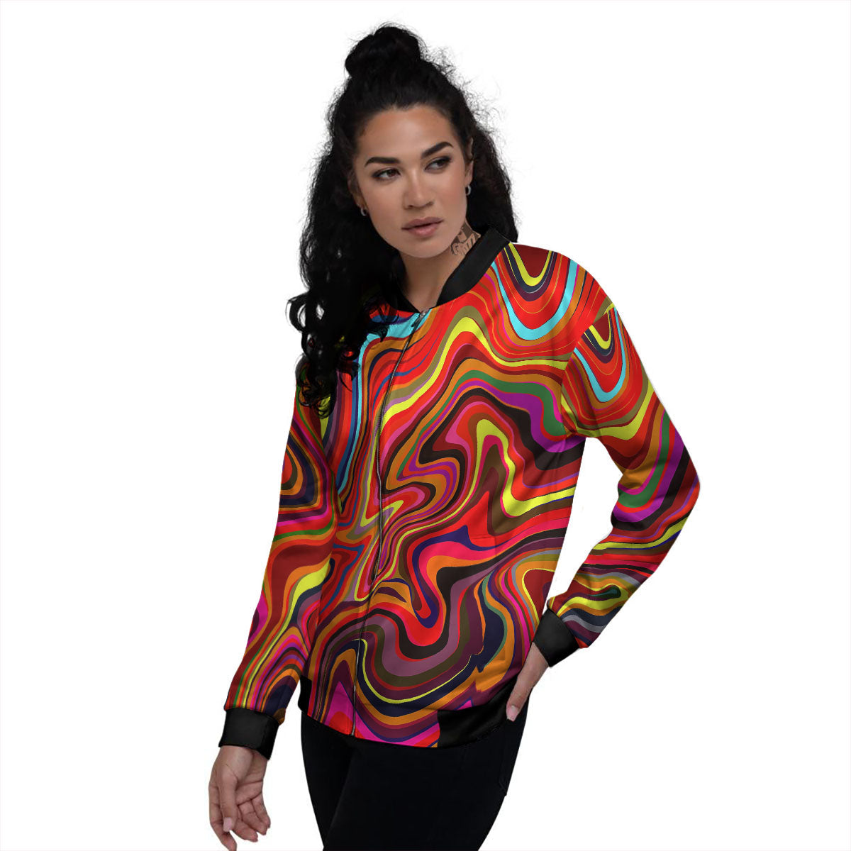 Trippy Abstract Liquid Print Women's Bomber Jacket-grizzshop