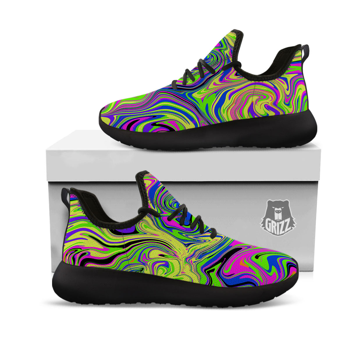 Trippy Abstract Neon Print Black Athletic Shoes-grizzshop