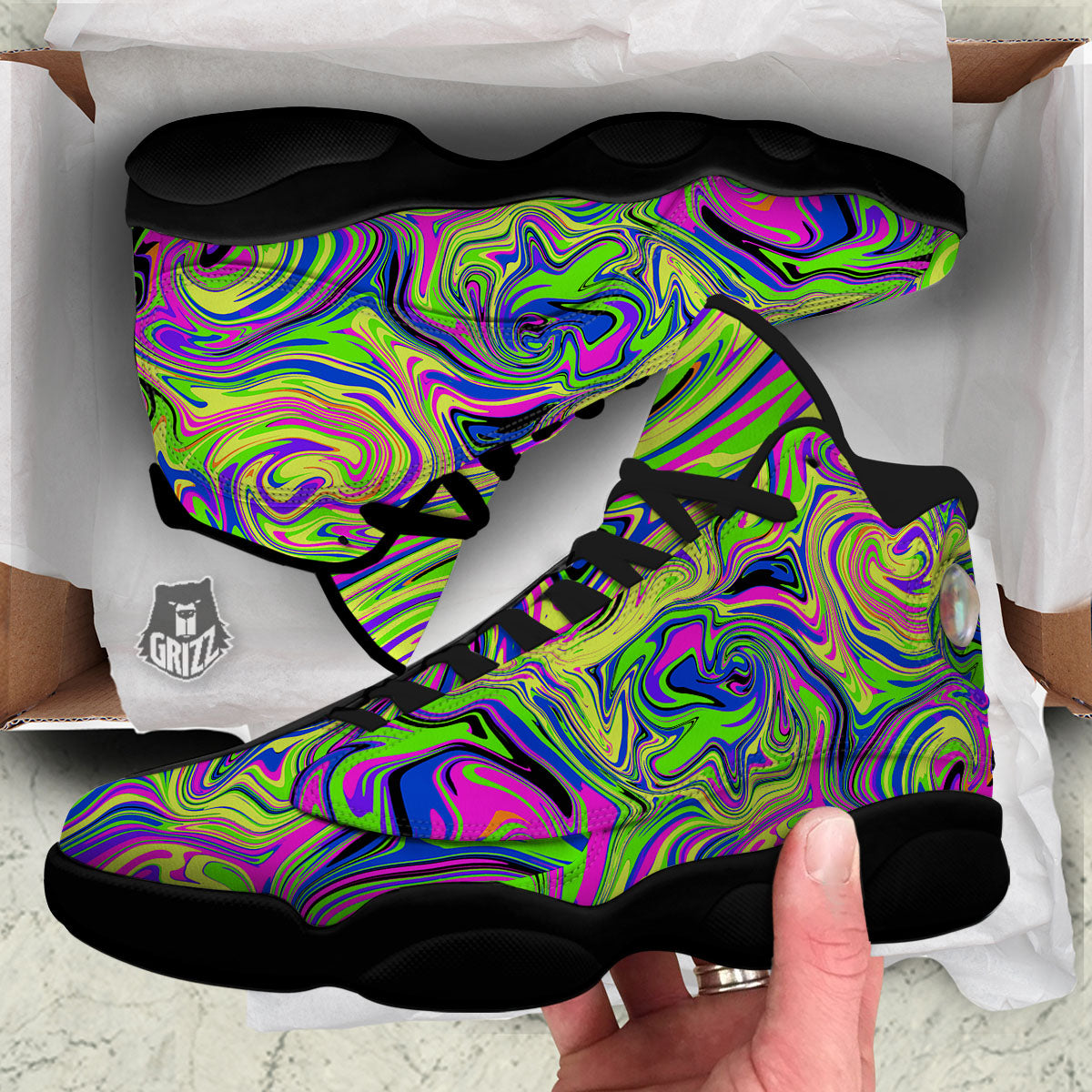 Trippy Abstract Neon Print Black Basketball Shoes-grizzshop