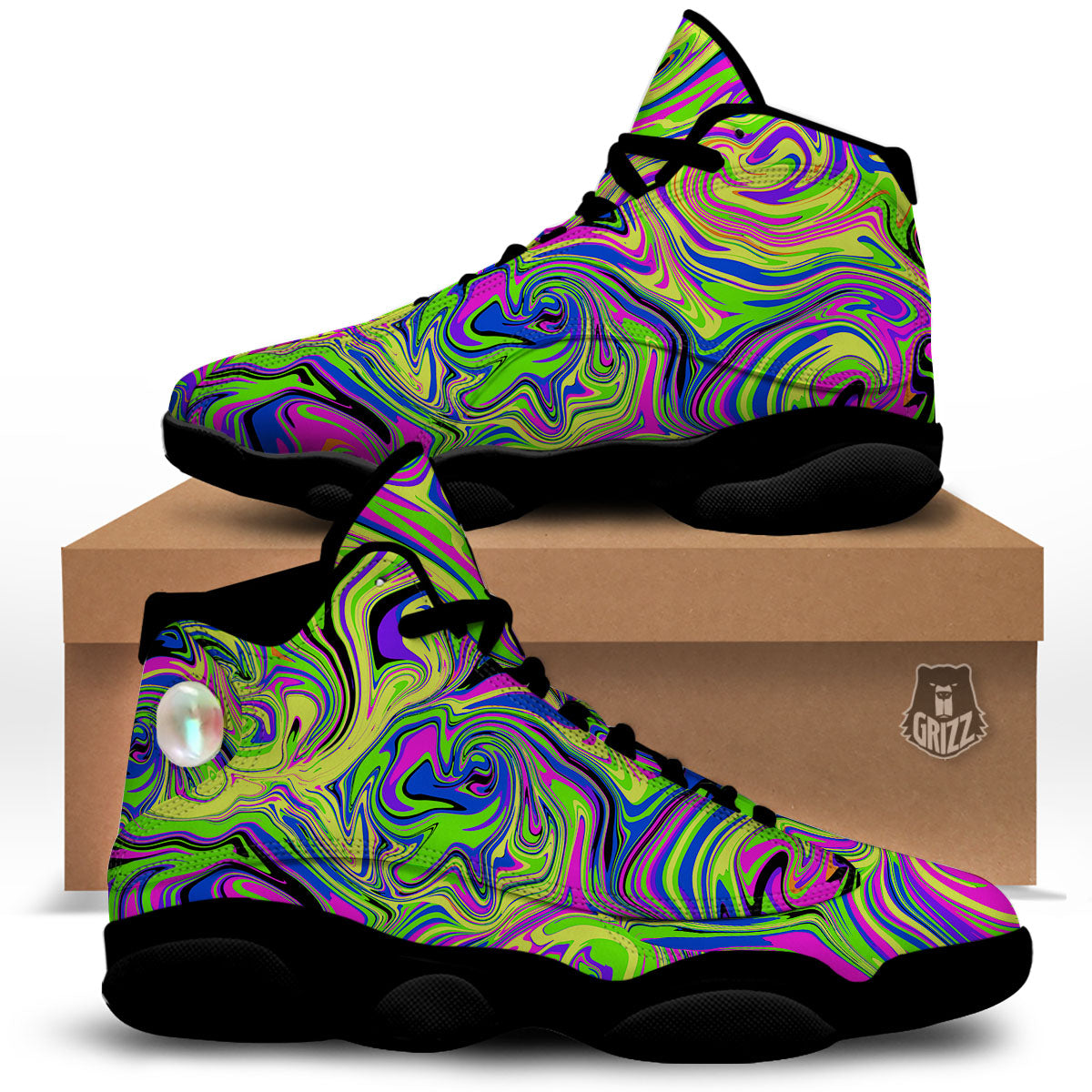 Trippy Abstract Neon Print Black Basketball Shoes-grizzshop