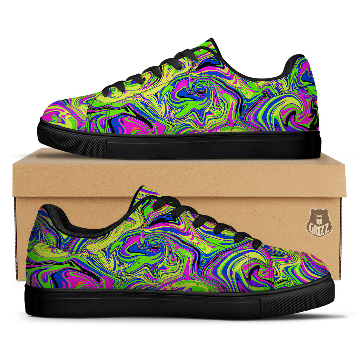 Trippy Abstract Neon Print Black Low Top Sneakers-grizzshop