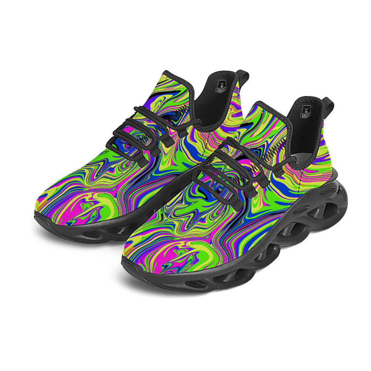 Trippy Abstract Neon Print Black Running Shoes-grizzshop