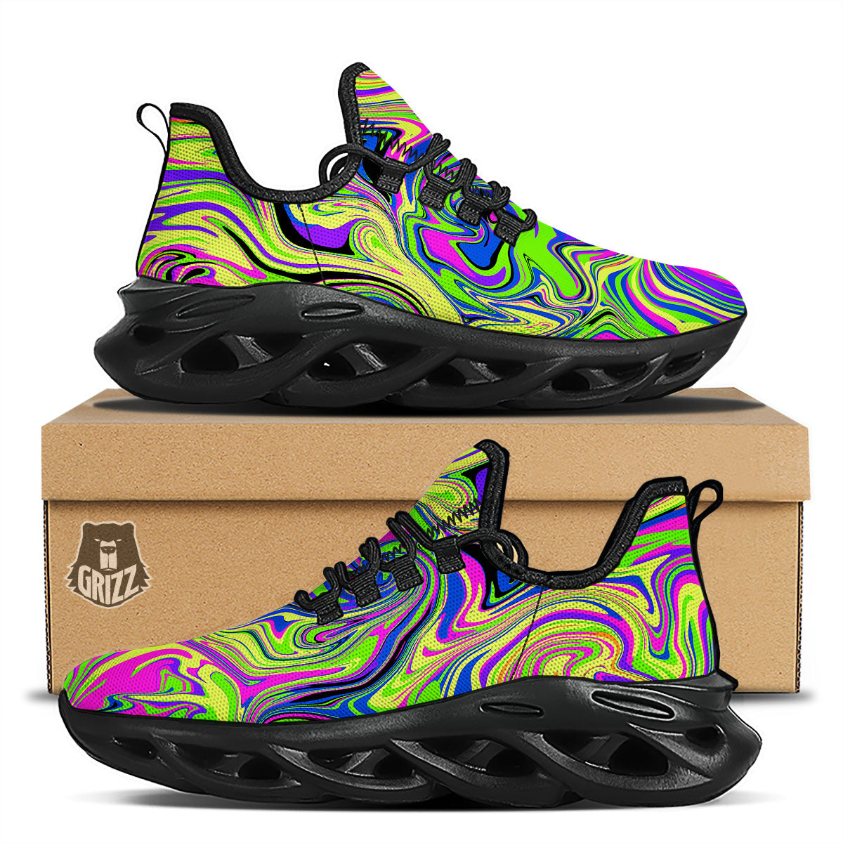 Trippy Abstract Neon Print Black Running Shoes-grizzshop