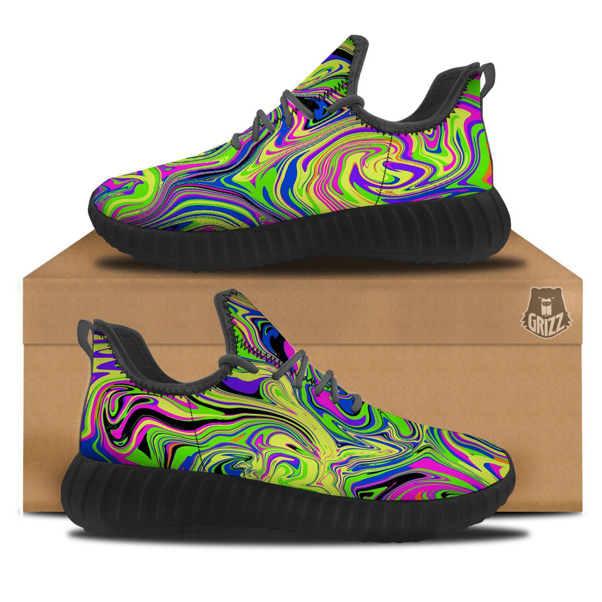 Trippy Abstract Neon Print Black Walking Shoes-grizzshop