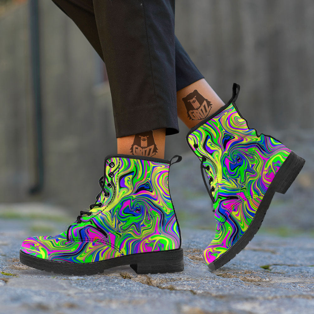 Trippy Abstract Neon Print Leather Boots-grizzshop