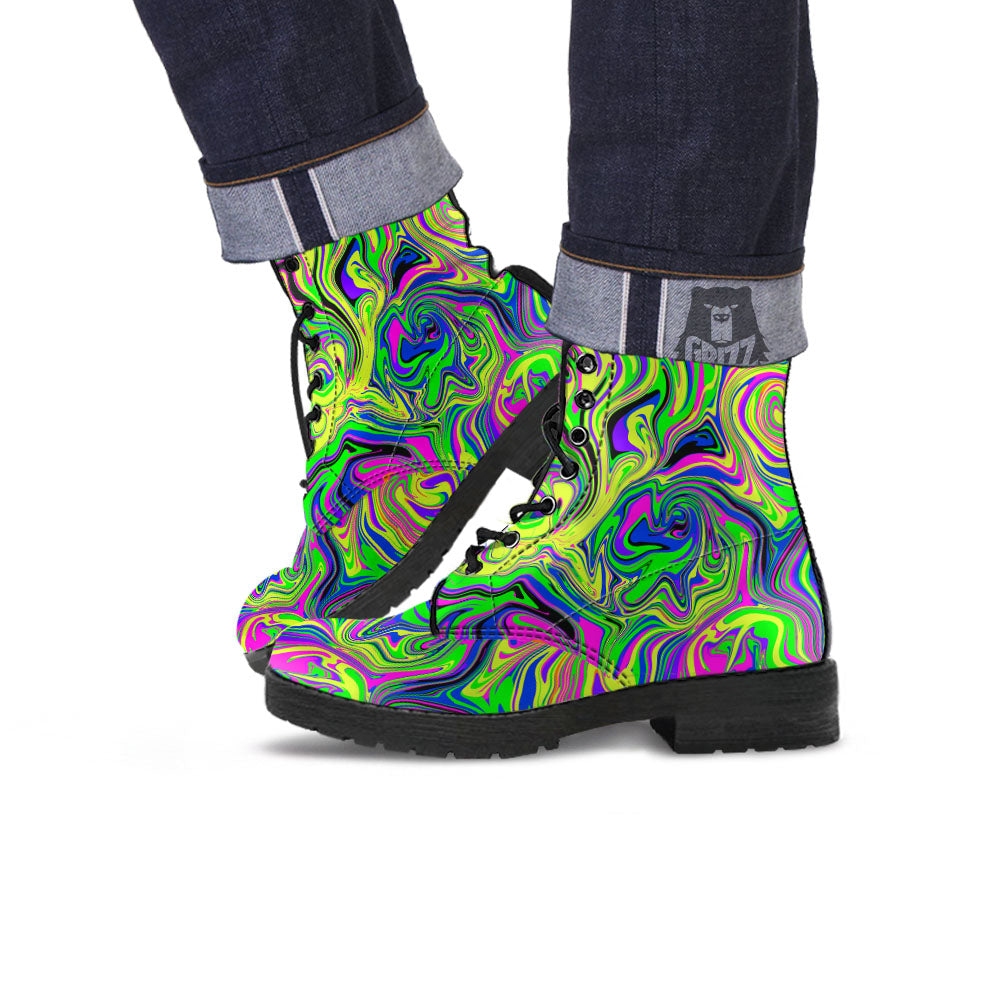 Trippy Abstract Neon Print Leather Boots-grizzshop