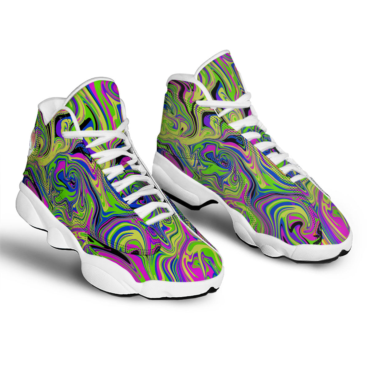 Trippy Abstract Neon Print White Basketball Shoes-grizzshop