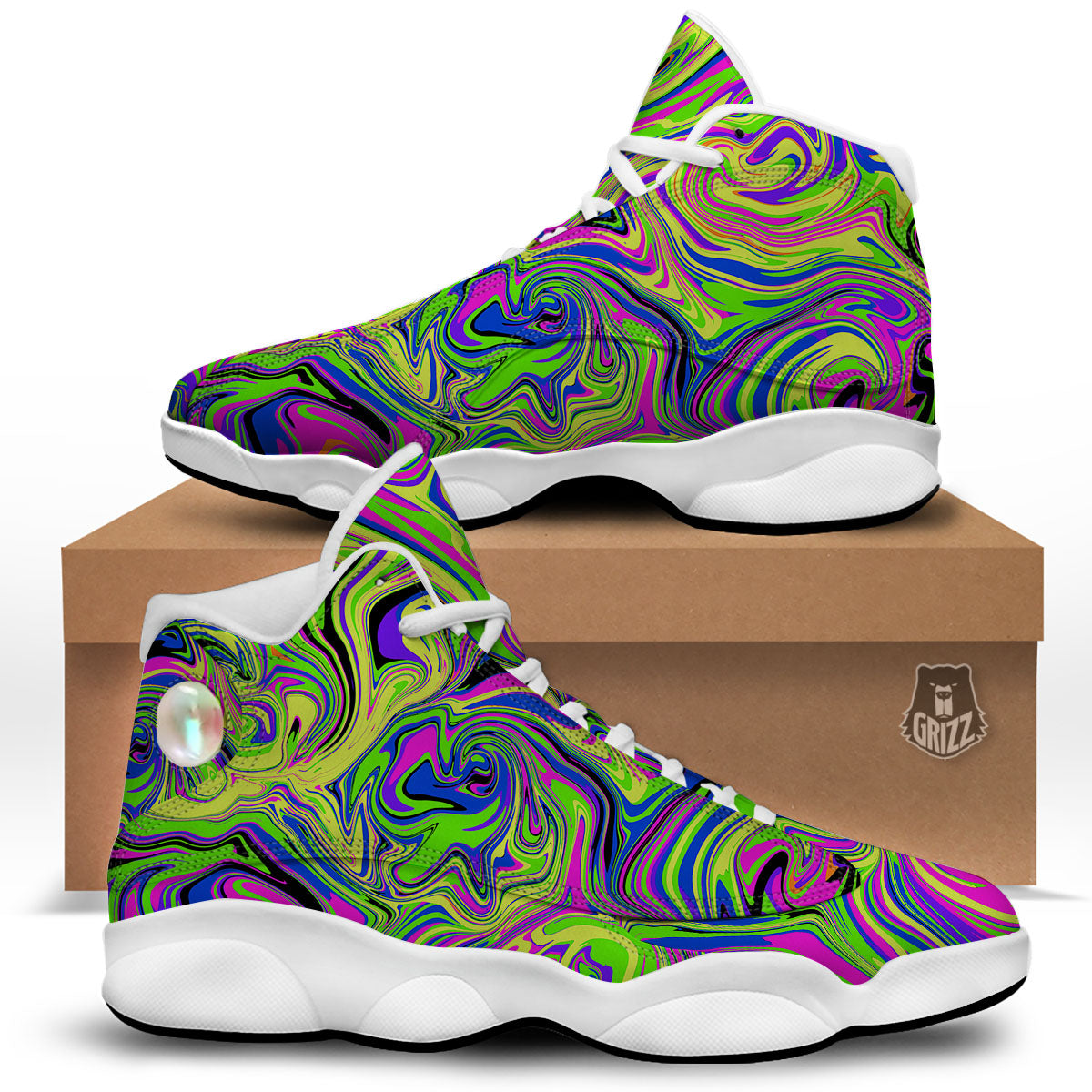 Trippy Abstract Neon Print White Basketball Shoes-grizzshop