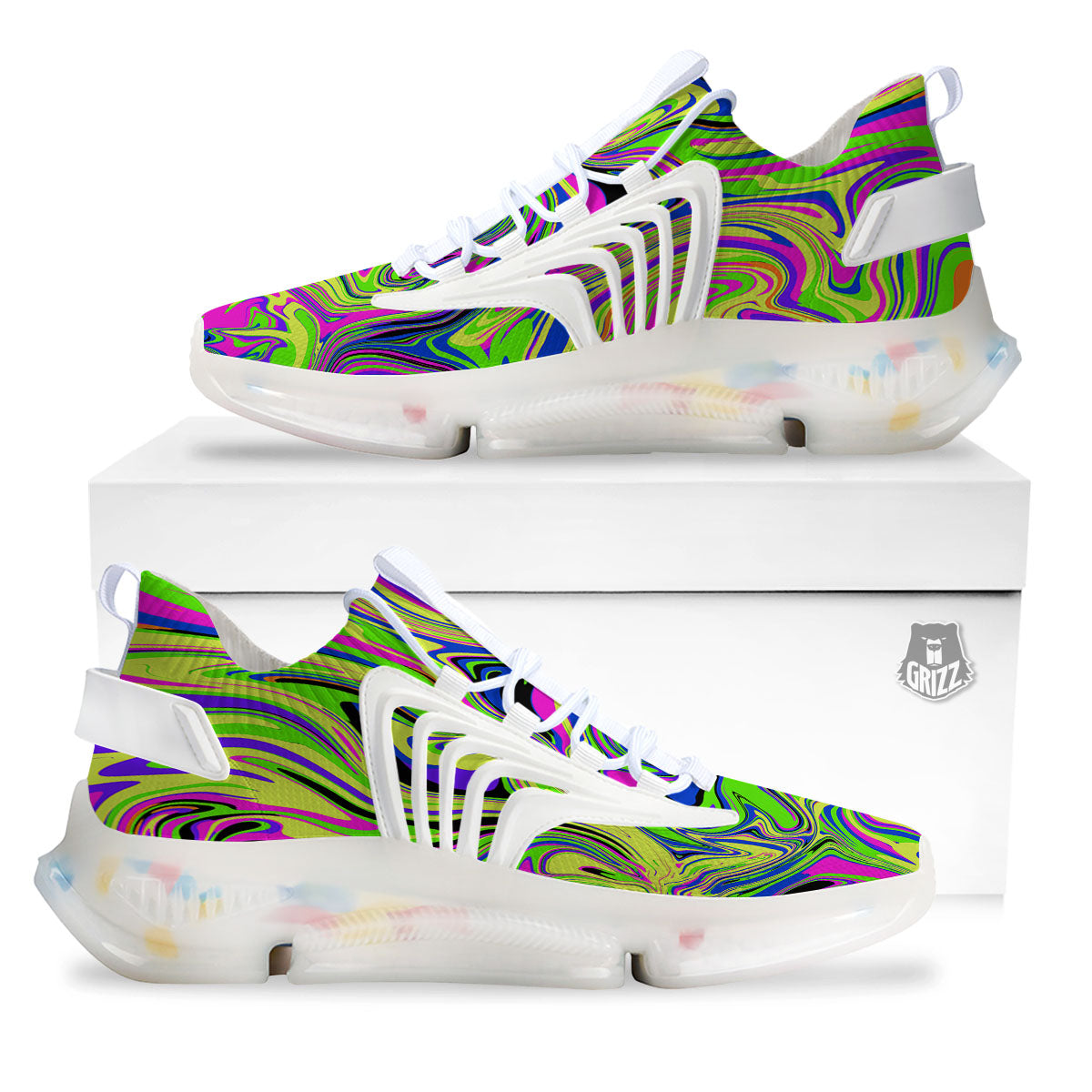 Trippy Abstract Neon Print White Gym Shoes-grizzshop