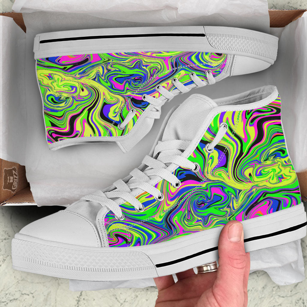 Trippy Abstract Neon Print White High Top Shoes-grizzshop