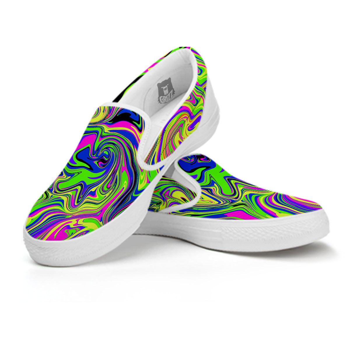 Trippy Abstract Neon Print White Slip On Shoes-grizzshop